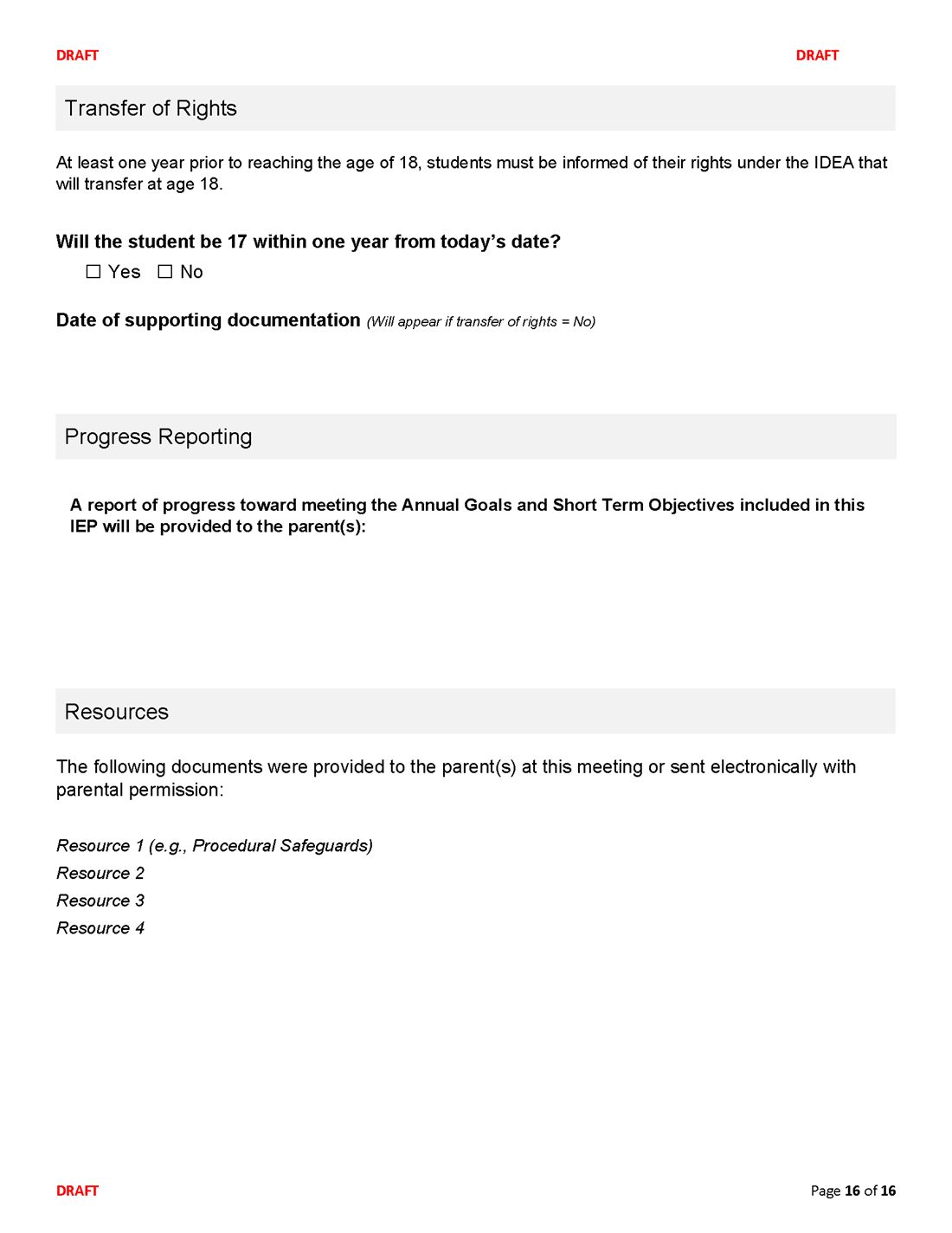 Connecticut IEP form, page 16 of 16
